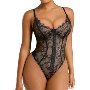 SHAPELLX Lace Bodysuit for Women Tummy Control Shapewear Bodysuit for Women Thong V Neck Sleeveless Backless Body Suit L