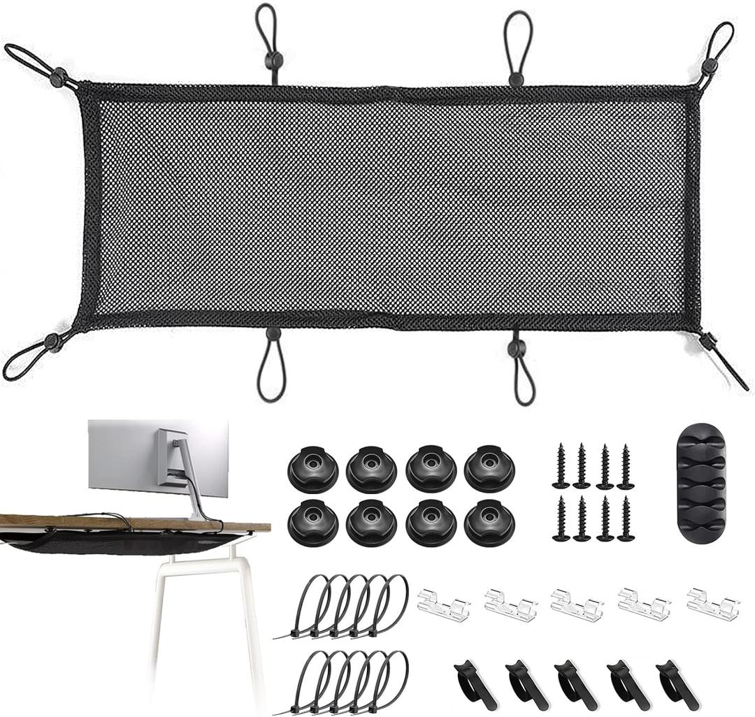Under Desk Cable Management Net, 36PCS Under Table Cord Management Mesh Organizer Flexible Wire Hiders, Extra Large Capacity Wire Management Kit Under Desk, Fits Most Tables (8 holes)