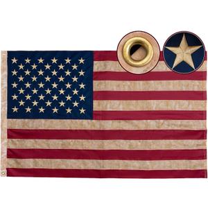 Vintage Embroidered American Flag 3x5 Ft for Outside Heavy Duty Tea Stained USA Flags with 2 Brass Grommets, Antiqued United State Flag Rustic Old Style for 4th of July 250th Anniversary