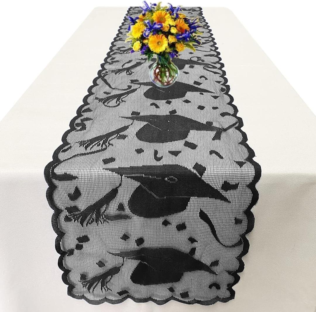 Lace Graduation Table Runner 72 Inches - 2025 Graduation Party Decorations for Table - Graduation Tabletop Centerpiece Decor - Grad Cap Decorations for Home Kitchen Dining Room (Black)