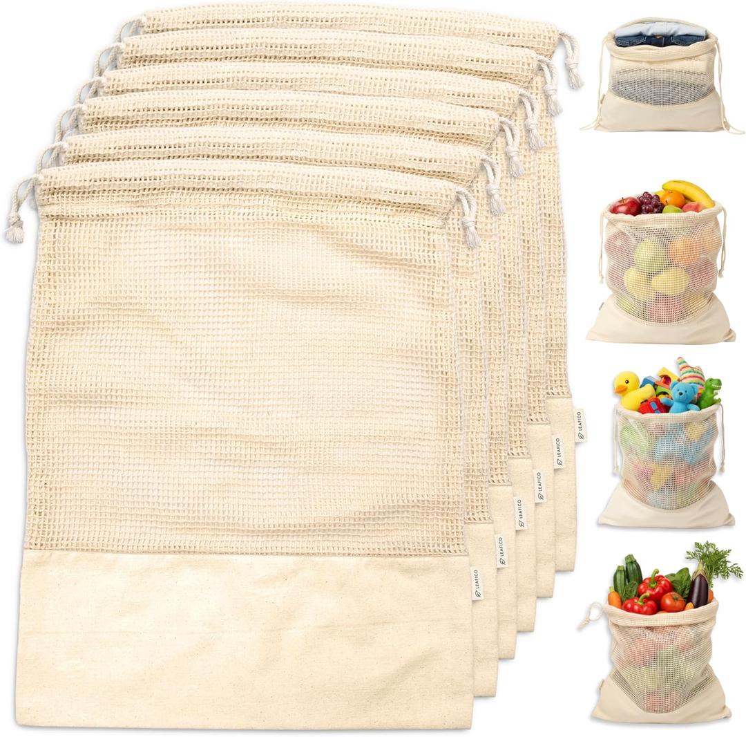 LEAFICO Reusable Produce Bags  100% Cotton Mesh & Solid Hybrid (Large 12x15 inch 6 Pcs)  Storage Bags for Vegetables, Toys, Clothes, Travel Packing  Washable, Plastic-Free, Breathable, Zero Waste