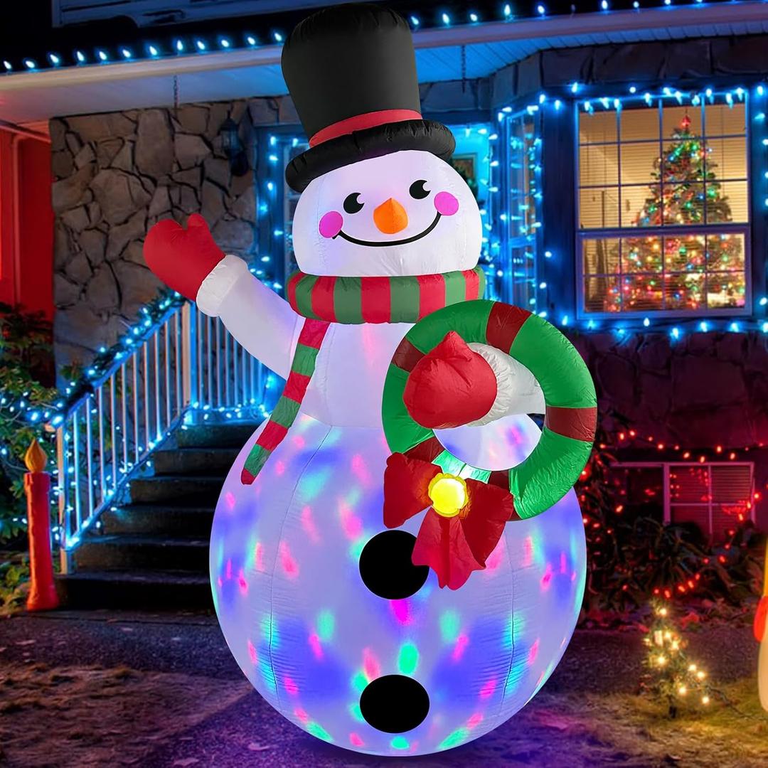Danxilu 6 FT Christmas Inflatables Snowman Outdoor Decorations with Colorful Rotating LED Lights, Blow up Snow Man Wear Magic Hat with Wreath Xmas Decor for Yard Garden Lawn Porch Holiday Party