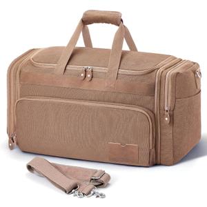 SHOWKOO Duffle Bag for Travel 60L Expandable Canvas Travel Bag Durable Vintage Weekender Overnight Carry On Bag for Men(Khaki)
