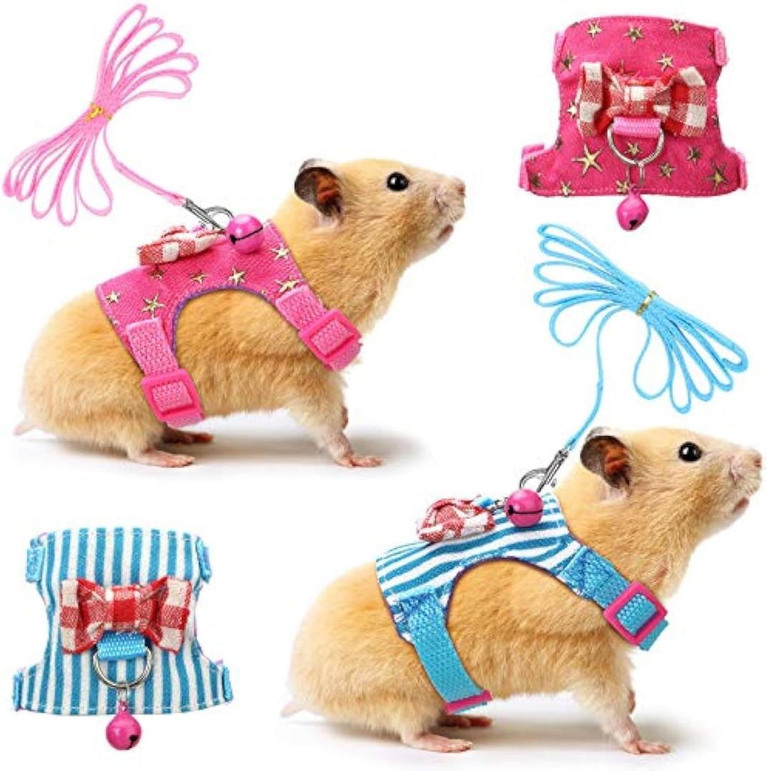 SATINIOR 2 Pieces Small Hamster Harness and Leash Set, Ferret Guinea Pig Clothes with Bowknot and Bell Decor, No Pulling Comfort Padded Vest Striped for Rats Bunny Rabbit Small Animals (S, Blue, Pink)