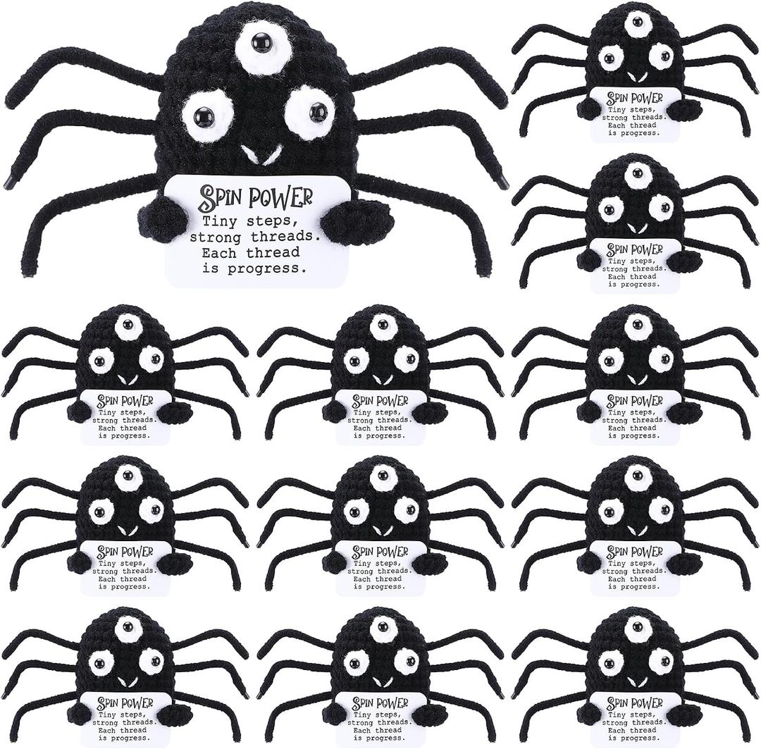 Pinkunn 12 Pcs Small Spiders Gifts Bulk Cute Black Spiders Crochet Plush Doll with Positive Cards Inspirational Gifts for Birthday Holiday Party Favor Home Office Table Car Hanging Decor Supplies