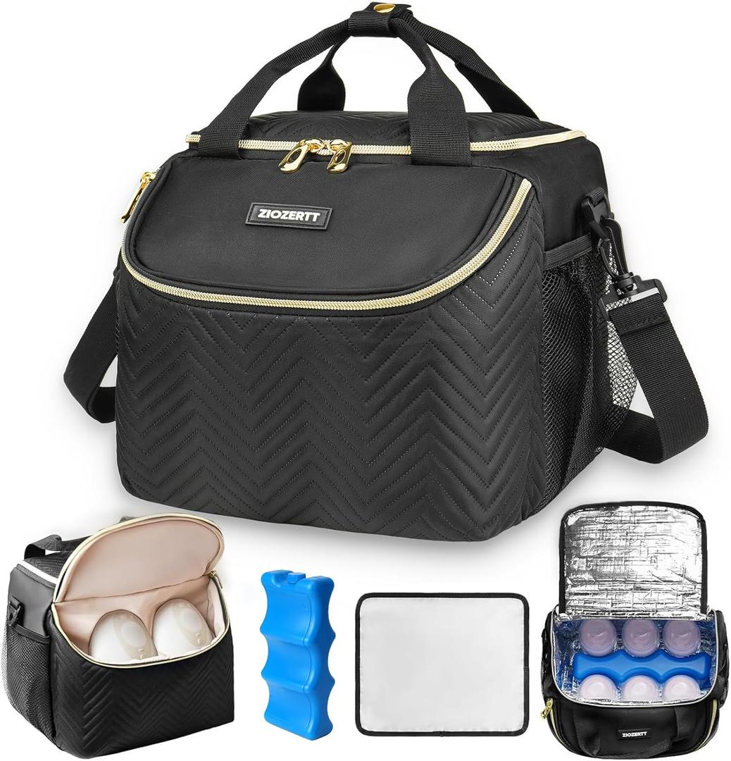 Wearable Breast Pump Bag,Breastmilk Cooler Travel Bag Compatible with Momcozy/Eufy/Elvie/Willow/Medela Breast Pump with Ice Pack and Water Resistent Mat for 6 Baby Bottles Up to 9 Ounce,Black