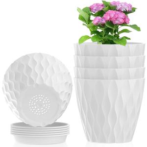 Meowell 4 inch Small Plastic Nursery Pots, 5 Pack Water Ripples Plant Pots for Indoor Plants, Flower Pots with Drainage Holes and Saucers, Seedling Starter Planters for Succulent Plants, White