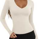 LASLULU Womens Long Sleeve Sexy V Neck T Shirts Basic Workout Tops Athletic Yoga Casual Crop Top (Large)