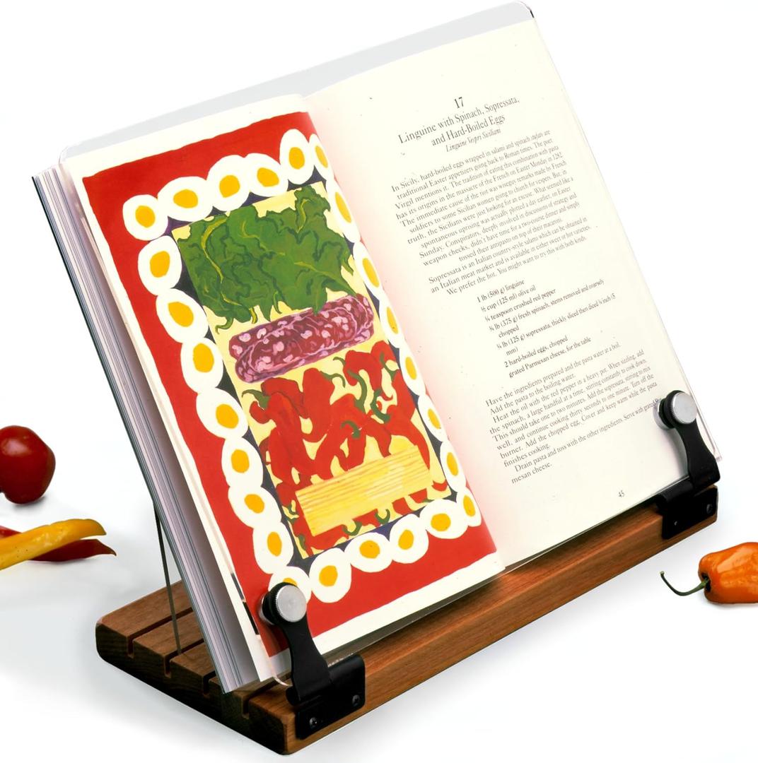 Deluxe Original Cookbook Holder - Acrylic Shield With Wooden Base and Black Hinges - Made in the USA