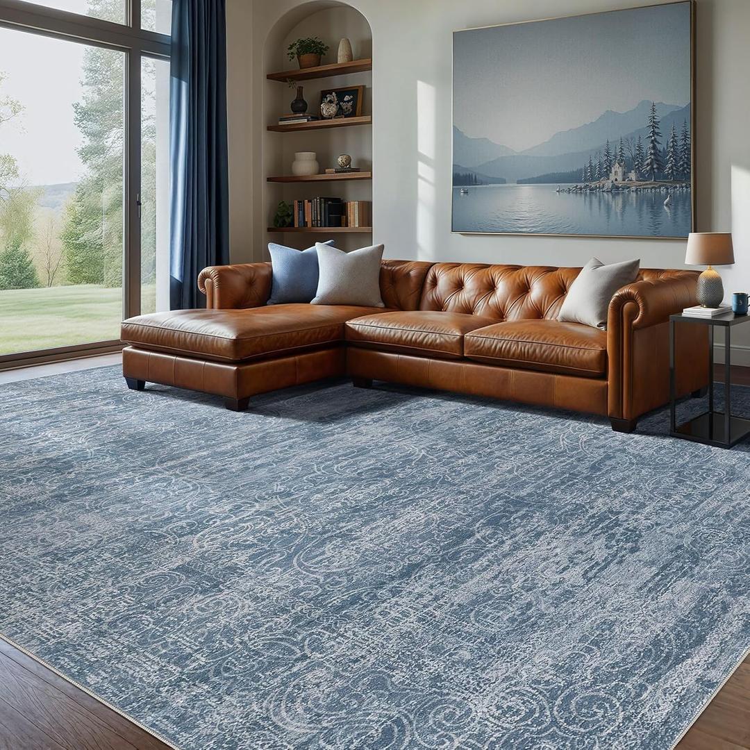 Area Rug Living Room Rugs - 8x10 Washable Large Soft Indoor Neutral Modern Abstract Low Pile Rug Carpet for Bedroom Dining Room Farmhouse Home Office - Dark Blue