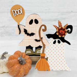 DAZONGE Halloween Decorations Indoor, 2 Pack Cute Wooden Halloween Ghost Witch Decor, Witchy Ghost with Broom & Boo Balloon Centerpieces for Party Mantel Shelf Tabletop (Orange&white)