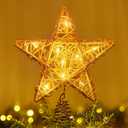 Brightown Christmas Tree Topper Star Lighted Plug in 3D Rustic Rattan Natural Farmhouse Built-in 10 Bulbs Christmas Tree Star Topper Classic Vintage Indoor Xmas Decorations Ornament Holiday Home Decor