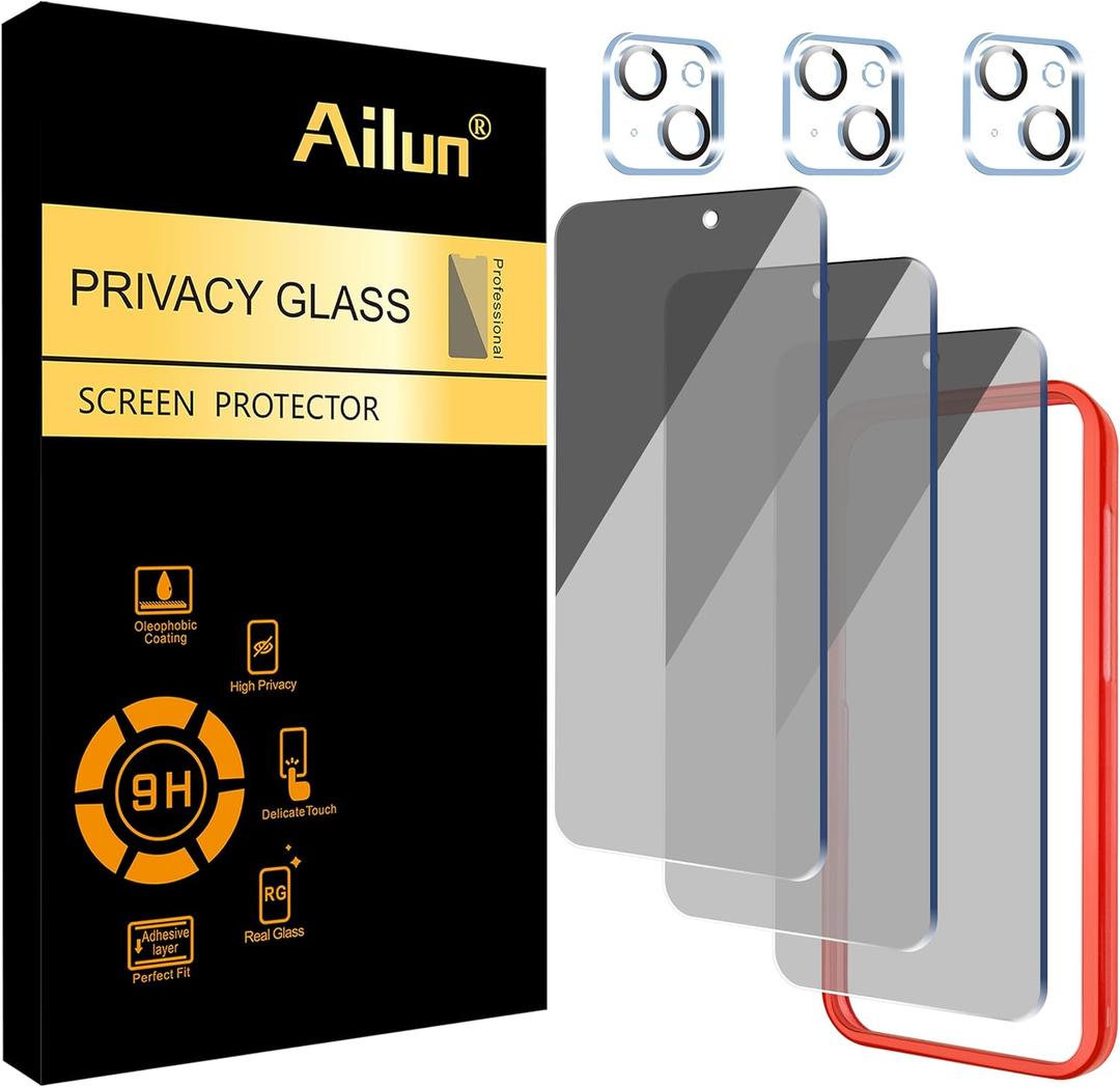 Ailun 3 Pack Privacy Screen Protector for iPhone 15 [6.1 inch] + 3 Pack Camera Lens Protector with Installation Frame, Anti Spy Private Tempered Glass Film, Case Friendly, [9H Hardness] - HD