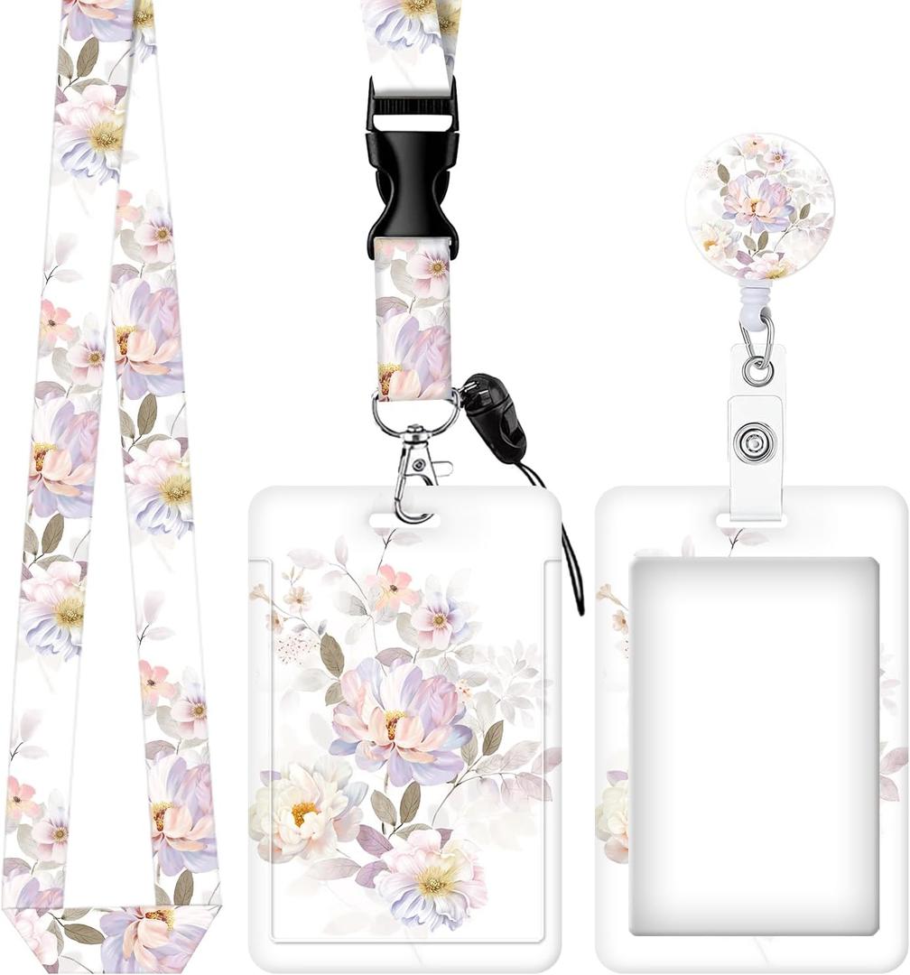 ID Badge Holder with Retractable and Detachable Lanyard, Cute Badge Reel Breakaway Lanyard with Carabiner Clip for Teachers, Nurses, Perfect Work and Office(Cute Watercolor Floral)