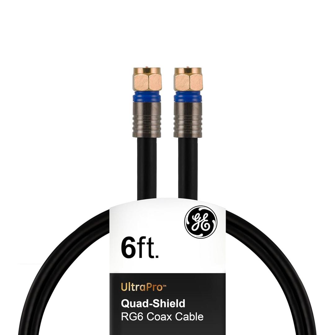 GE RG6 Coaxial Cable, 6 ft. F-Type Connectors, Quad Shielded Coax Cable, 3 GHz Digital, in-Wall Rated, Ideal for TV Antenna, DVR, VCR, Satellite, Cable Box, Home Theater, Black, 33528