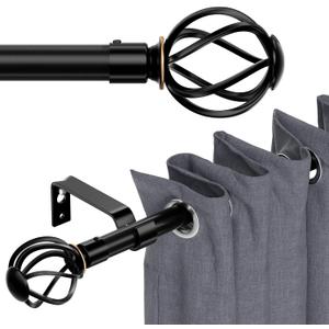 Curtain Rods for Windows 66 to 120, Black 120 inch Curtain Rod with Cage Finials, Adjustable Decorative Curtain Rods for Outdoor Patio, Sliding Glass Door, 10 ft Curtain Rod, 5/8" Diameter