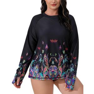 Halcurt Women's Plus Size Long Sleeve Rash Guard Swim Shirt with Thumb Holes UPF50+ Sun Protection Swimsuit Top, Size 4X