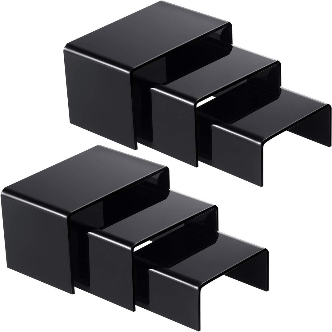 Chuangdi 2 Sets Acrylic Display Risers, Product Stand, Jewelry Display Riser Shelf Showcase Fixtures for Dessert Cupcake Candy Figure Treat Action Showcase(Black,Small Set)