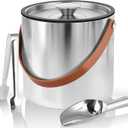 Bakpoco Double-Wall Vacuum Insulated Ice with Lid, Scoop, Ice Tong, Strainer & Leather Handle Keep Ice Frozen Longer Large Ice Buckets for Cocktail Bar,Parties Chilling Beer Champagne 3L (Silver Classic Tan Handle)