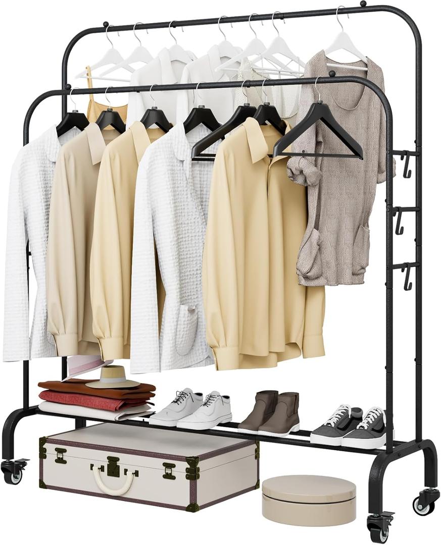 Garment Rack with Wheels Clothing Rack for Hanging Clothes Multi-functional Bedroom Clothes RackBlack+Double RodsBlack