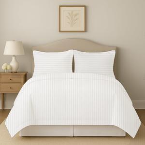 eBeddy Linens White Striped Duvet Cover Set King XL 116x98 Size Certified Egyptian Cotton Luxury Soft & Breathable Comforter Cover and 2 Pillow Sham with Zipper Closer & Corner Ties