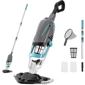 Cordless Handheld Pool Vacuum, Pool Vacuum for Above Ground Pool with Telescopic Pole and Leaf-Scooping Net, Rechargeable Pool Cleaner 18.5 Gal/Min Suction, 80 Min Runtime, Dual-Filter Cleaning System