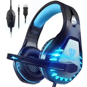 Gaming Headset with Microphone for PC, PS4, PS5, Headset Noise Cancelling Gaming Headphones for Switch, Laptop, Mac, Xbox Series X/S, Headphones with LED Lights, Deep Bass for Kids Adults, Black Blue