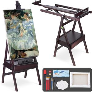 H Frame Artist Easels for Painting, Large Beech Wood Painting Easel with Storage Drawer Floor Standing Easel Stand for Adults, Foldable & Adjustable Studio Canvas Art Stand, Walnut