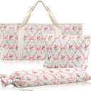 3 Pcs Empty Mahjong Bag Set, Thickened Pink Bow Quilted Carrying Bag Set with Two Wrappers, Card Bags, Mahjong Racks and Card Pusher Drawstring Bags (Case Only)