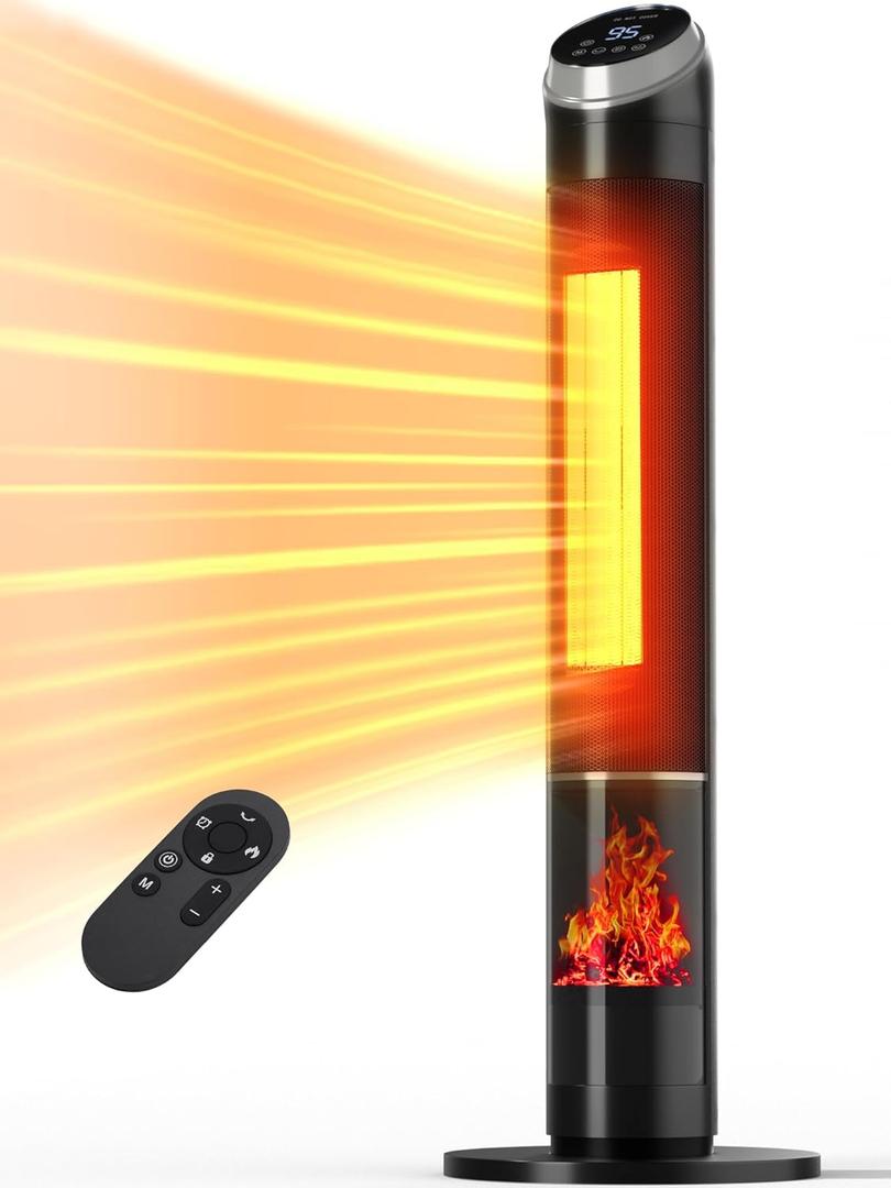 Space Heater Indoor, 38" Electric Room Heater with Flame, 24H Timer, Portable Tower Heater with Remote, Thermostat, 3 Modes, Tip-over and Overheat Protection, for Bedroom Office Large Room Use (Black)