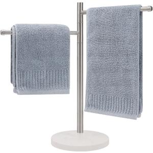 Standing Hand Towel Holder, Hand Towel Stand with Marble Base, 304 Stainless Steel Towel Rack with 2 Swivel Arm, Countertop Stand Towel Ring Towel Bar for Bathroom (Brushed Nickel, Round)