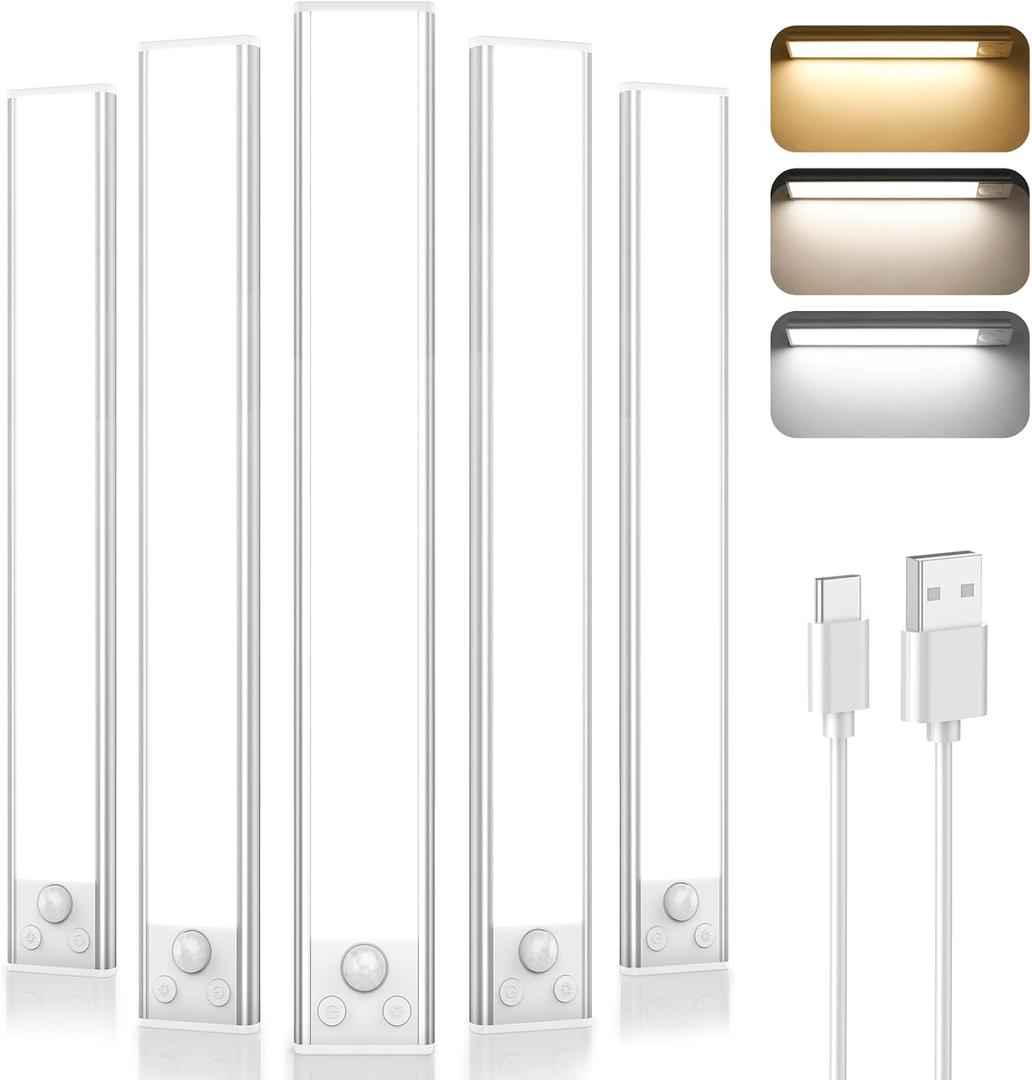5-Pack 14'' Under Cabinet Lighting, 3200mAh Rechargeable Battery Operated Motion Sensor Lights Indoor with 108 LED&3 Color, Dimmable Wireless Magnetic Under Counter Closet Lights for Kitchen Stair