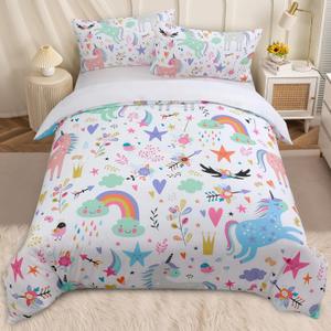 BEDMUST Kids Duvet Cover Set Full Size - 3 Pieces Super Soft & Cute Unicorn Bedding Sets for Girls Boys Teen, Cartoon Rainbow Flowers Clouds Stars Birds Print Comforter Cover for Kid Bedroom Set