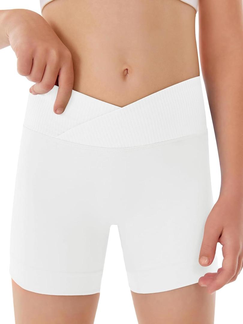 Girls Athletic Shorts Slim Tummy Control V Cross Waist Short Leggings Bike Dance Gymnastics Shorts (White, M)