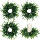 Mini Green Boxwood Candle Rings Wreaths Spring Summer Kitchen Cabinet Swags Wreath 3 Inch Wedding Rings Wreaths Pillar Candle Holder for Wedding Home Door Tabletop Decor (4, Green Boxwood)
