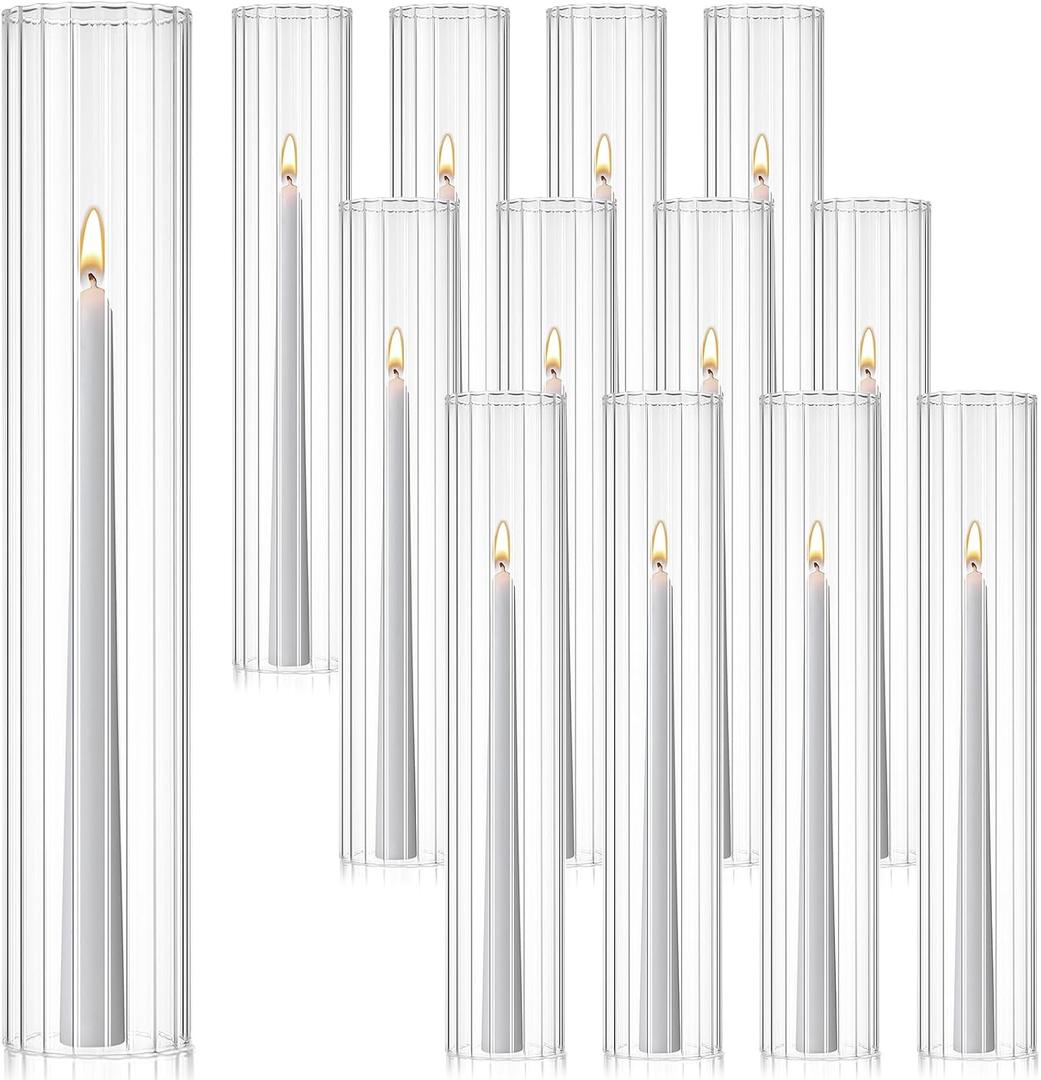 12 Pcs Hurricane Glass Candle Holders 2.5 x 14 Open Ended Tube Ribbed Shade Bottomless Chimney Cylinder Taper Candle Cover for Wedding Anniversary Home Table Centerpiece