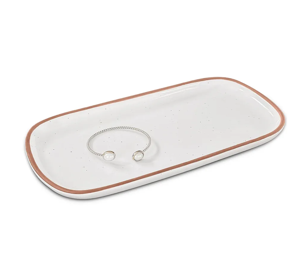 Mora Ceramic Decorative Tray - Rectangle 10in Dish for Jewelry, Soap Dispenser, Perfume, Makeup, Accessories, Candle, in The Bathroom Vanity, Bedside, or Kitchen Counter. Cute Organizers - White