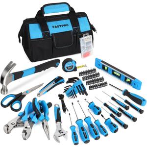 FASTPRO 220-Piece Home Tool Set, Household Repairing Tool Kit with 12-Inch Wide Mouth Open Storage Tool Bag, Blue