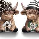 Wesiti 2 Pcs Highland Cow Home Decor Figurines Resin Farmhouse Ornament Set, Cute Cow Statues with House Home Sweet Sign, Rustic Tiered Tray Table Decor Gifts for Garden Kitchen Office