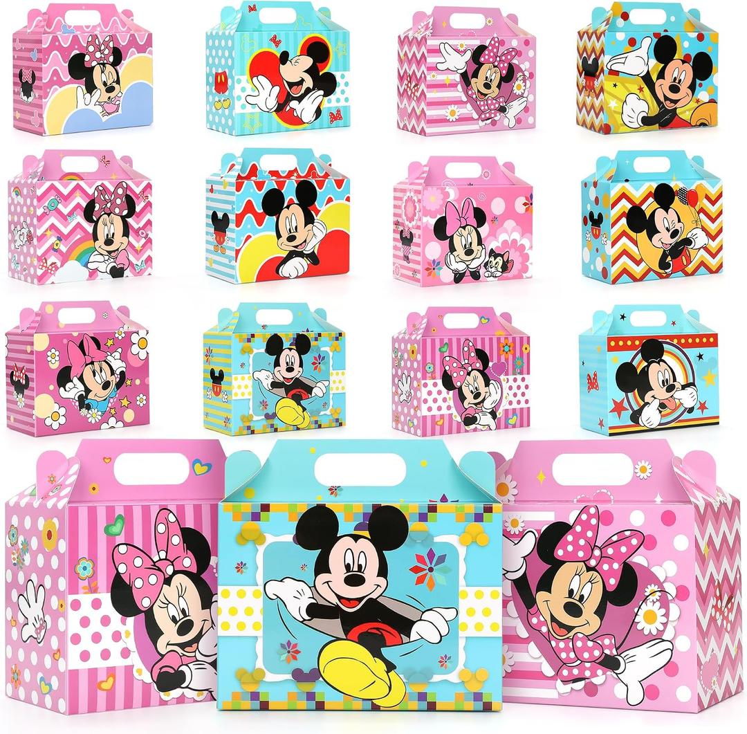 Latwerd 24 Pack Mouse Party Favor Boxes - 12 Cute Designs Paper Gift Boxes with Handles, Reusable Kraft Candy Tote Box for Birthday Parties,Graduations & Holiday Events