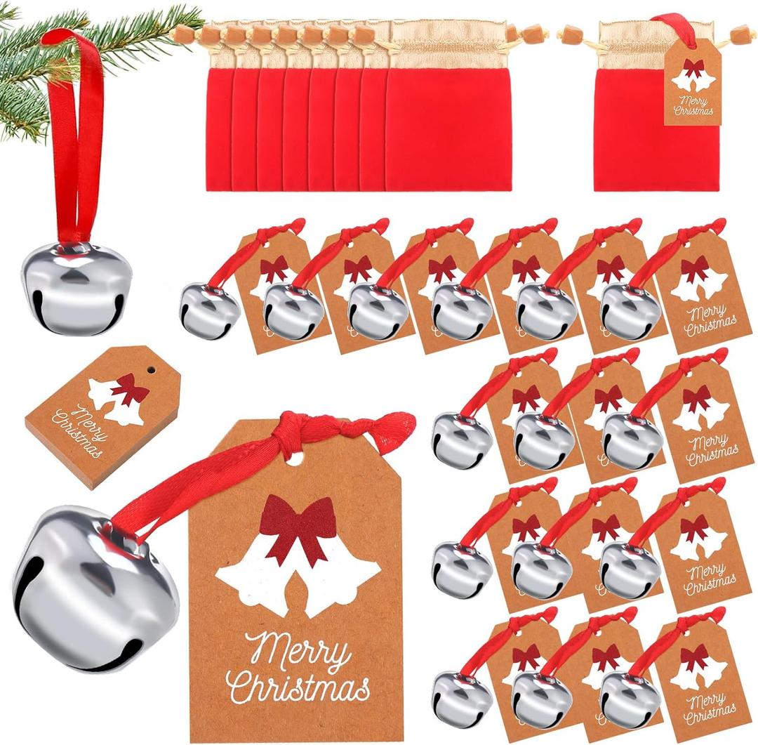 Quelay 50 Sets Christmas Believe Bells Ornaments Polar Sleigh Bell Decorations Silver Christmas Bells Bulk Xmas Party Gifts Favors Tags Silver Sleigh Jingle Bell for Xmas Tree Decor(50 Sets)
