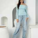 Women's Autumn Sweater, 2026 Casual Long Sleeve Off-The-Shoulder Strapless Knitted Sweater, Pullover Sweater (Blue)