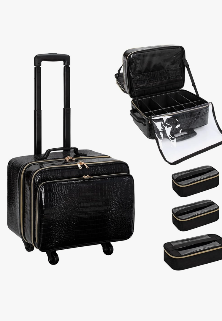OCHEAL Rolling Makeup Train Case, 18" Carry On Travel Cosmetic Organizer Suitcase,Extra Large Trolley Makeup Storage Case On Wheels,3 Layers with 3pcs Traveling Bags for Hairstylist Cosmetology Artist