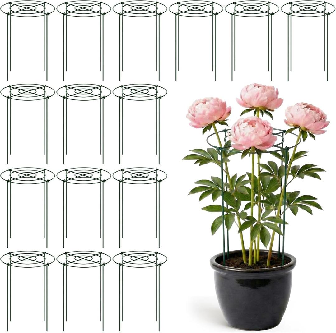 Geelin 15 Pack Peony Cages Bulk 12'' Dx 24'' H Peony Cages and Supports Heavy Duty Metal Plants Grow Through Support Rings Hoops for Outdoor Plants Flower Strawberry Tomato Strawberry(Green)