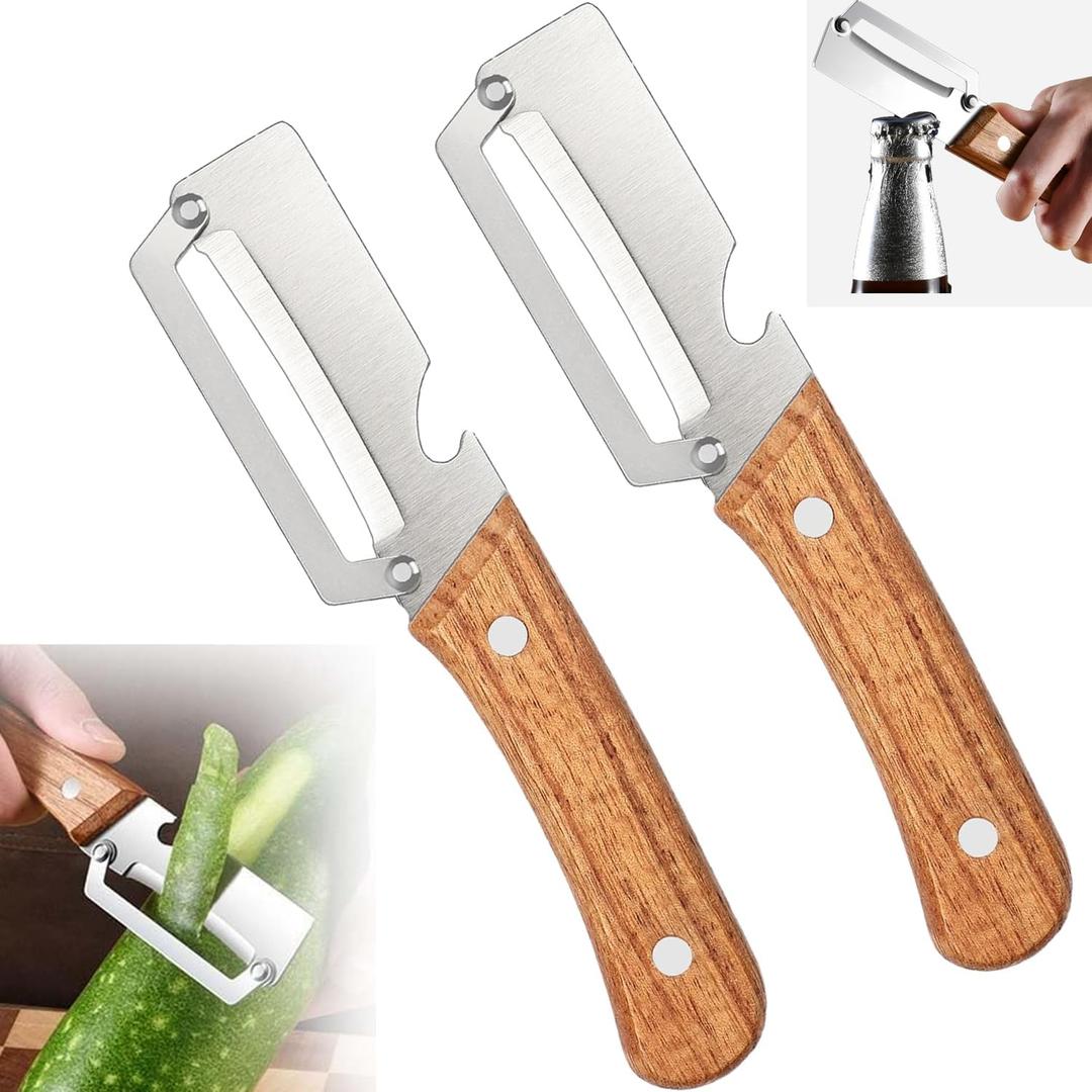 2 PCS Multi-Functional Vegetable Peeler with Wooden Handle, Stainless Steel Blade Fruit Peeler with Bottle Opener, Comfortable Non-Slip Kitchen Peeler for Potato, Pumpkin, Papaya & More (2)
