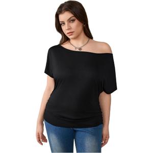 Women's Plus Size Off Shoulder Tops Short Sleeve Asymmetric Neck Ruched Casual T-Shirts (XXL)