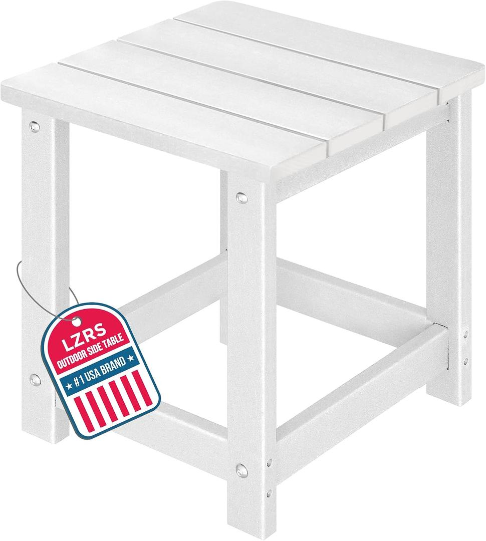 LZRS Square Patio Side Table, Heavy Duty HDPE Outdoor End Table with Wood Texture, Weatherproof Composite Table for Adirondack Chairs, Deck, Pool, Indoor/Outdoor, No Peeling or Cracking(White)