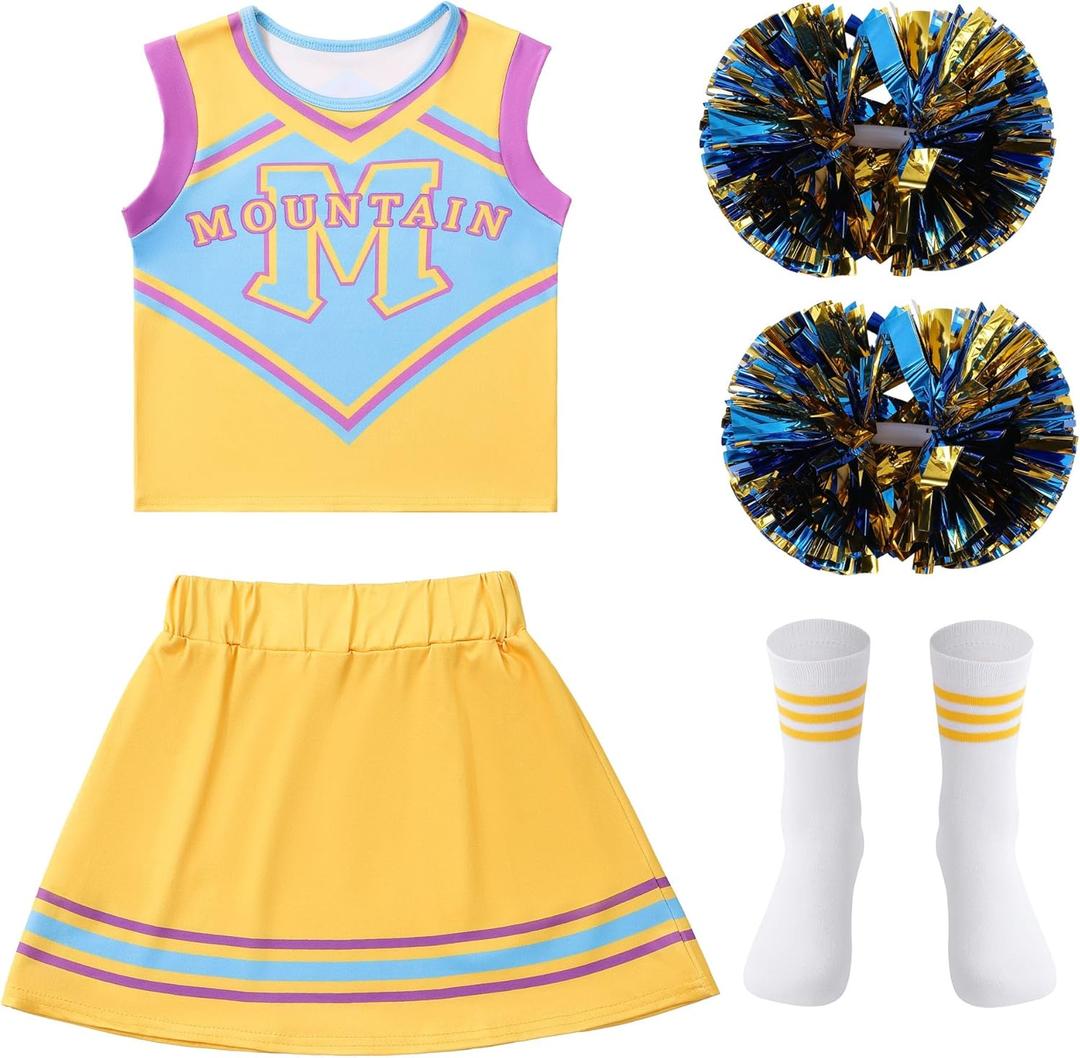 Girls Cheerleader Costume Outfit Halloween Cheer Uniform Dress Up with Accessories (Yellow, XXL)