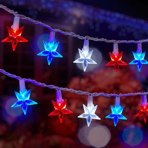 4th of July Decor Red White Blue Stars String Lights, 17ft 50 LED Waterproof Connectable Patriotic LED Star Fairy Lights for Independence Day President Day Memorial Day