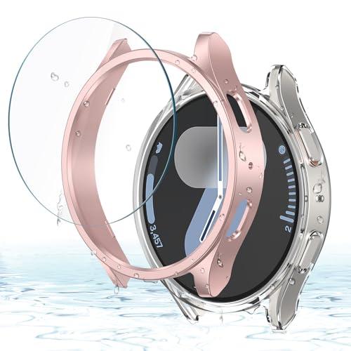 Misxi [2+2 Pack] Case Hard PC Bumper + Tempered Glass Screen Protector [with Auto Alignment Tool Kit] for Samsung Galaxy Watch 7 40mm, Anti-Scratch Cover for Galaxy Watch7, 1 Rose Gold + 1 Transparent